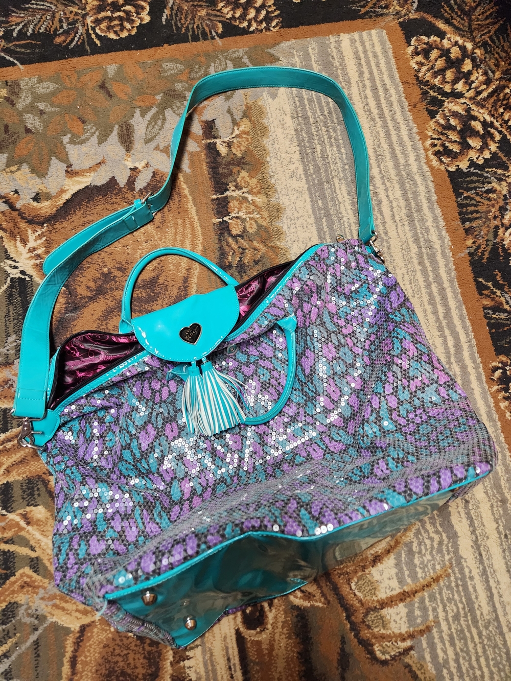 Betsey Johnson Turquoise & Purple Sequin Travel Tote